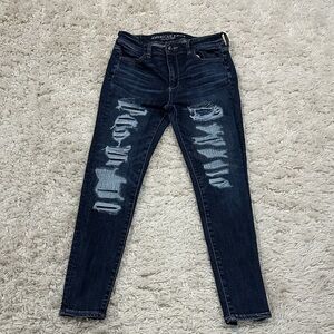 AMERICAN EAGLE OUTFITTERS Women’s Y2K Dark Indigo Distressed Skinny Jeans Sz 8